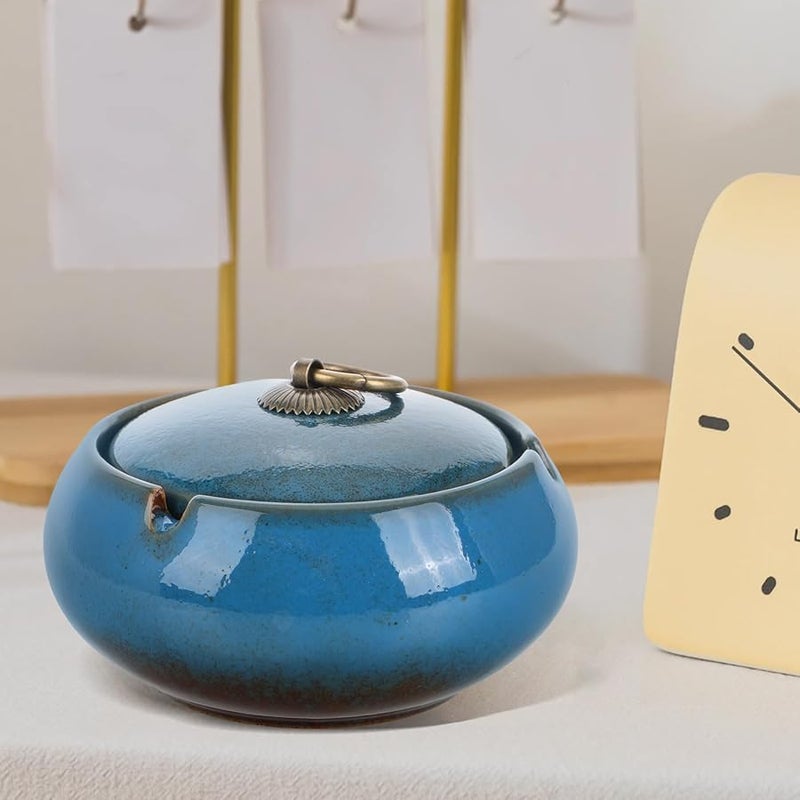 منفضة سجائر خزفية بغطاء مقاوم للرياح كبيرة زرقاء بدون دخان لمكتب المنزل أو الفناء - Image 5